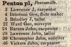 Penton place, Pentonville 1842 Robsons street directory