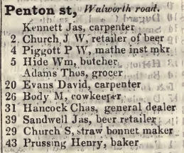 Penton street, Walworth road 1842 Robsons street directory