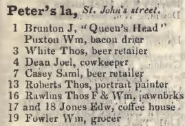 Peters lane, St Johns street 1842 Robsons street directory