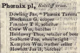 Phoenix place, Ratcliff cross 1842 Robsons street directory