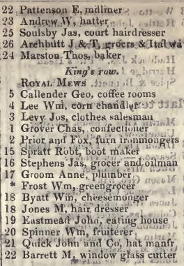 to Kings row, Pimlico 1842 Robsons street directory