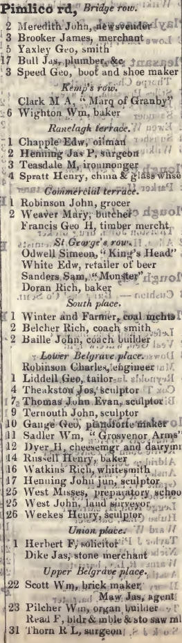 to Upper Belgrave place, Pimlico road 1842 Robsons street directory