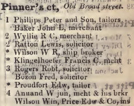 Pinners court, Old Broad street 1842 Robsons street directory