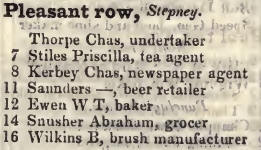 Pleasant row, Stepney 1842 Robsons street directory