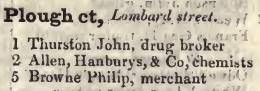 Plough court, Lombard street 1842 Robsons street directory