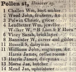 Pollen street, Hanover square 1842 Robsons street directory