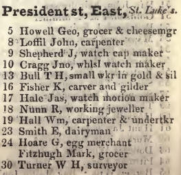 President street East, St Lukes 1842 Robsons street directory