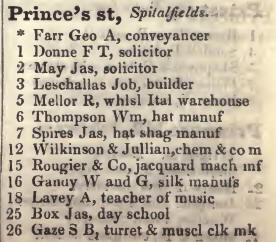 Princes street, Spitalfields 1842 Robsons street directory