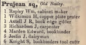 Prujean square, Old Bailey 1842 Robsons street directory