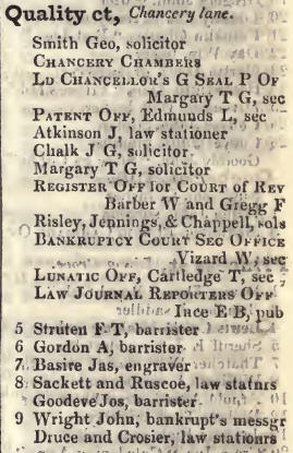 Quality court, Chancery lane 1842 Robsons street directory