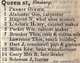 Queen street, Finsbury 1842 Robsons street directory