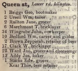 Queen street, Lower road, Islington 1842 Robsons street directory