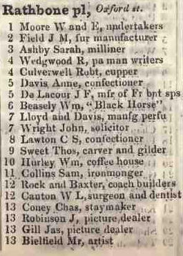 1 - 13 Rathbone place, Oxford street  1842 Robsons street directory