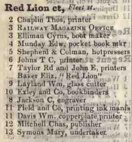 Red Lion court, Fleet street 1842 Robsons street directory