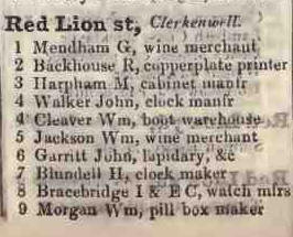 1 - 9 Red Lion street, Clerkenwell 1842 Robsons street directory