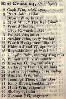 Redcross square, Cripplegate 1842 Robsons street directory