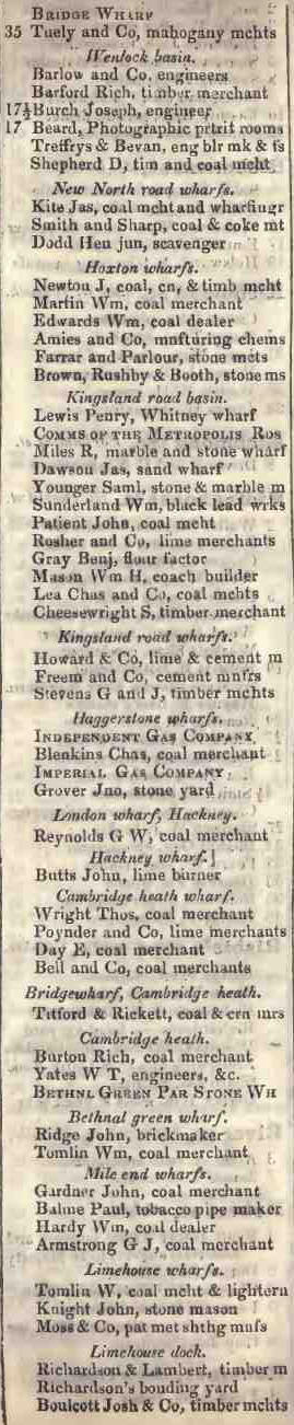 Regents Canal Wharf, Maida hill 1842 Robsons street directory
