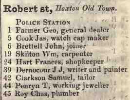Robert street, Hoxton Old town 1842 Robsons street directory