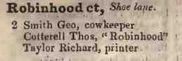 Robinhood court, Shoe lane 1842 Robsons street directory