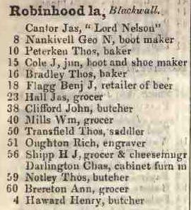 Robinhood lane, Blackwall 1842 Robsons street directory