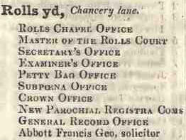Rolls yard, Chancery lane 1842 Robsons street directory