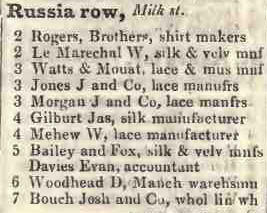 Russia row, Milk street 1842 Robsons street directory