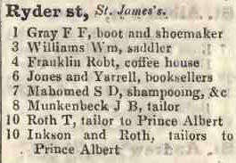 Ryder street, St James's 1842 Robsons street directory