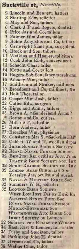Sackville street, Piccadilly 1842 Robsons street directory