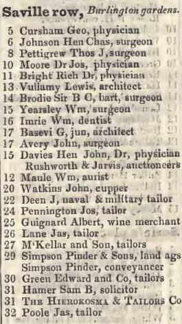 Saville row, Burlington gardens 1842 Robsons street directory