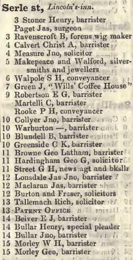 Serle street, Lincolns Inn 1842 Robsons street directory