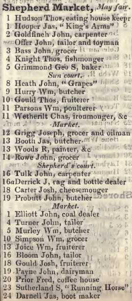 1 - 24 Shepherd market, Mayfair 1842 Robsons street directory