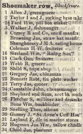 Shoemaker row, Blackfriars 1842 Robsons street directory
