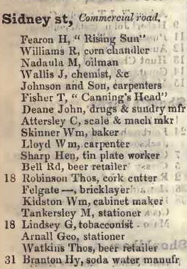 Sidney street, Commercial road 1842 Robsons street directory
