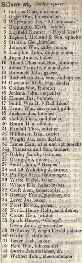 Silver street, Golden square 1842 Robsons street directory