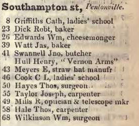 Southampton street, Pentonville 1842 Robsons street directory