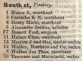 South street, Finsbury 1842  Robsons street directory