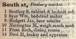 South street, Finsbury Market 1842 Robsons street directory