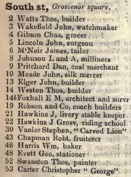 South street, Grosvenor square 1842 Robsons street directory