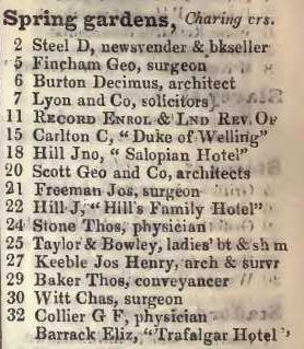Spring gardens, Charing cross 1842 Robsons street directory