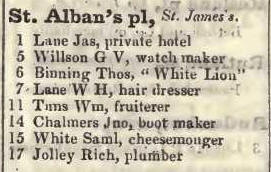 St Albans place, St James's 1842 Robsons street directory