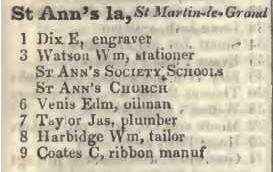 St Anns lane, St Martins le Grand 1842 Robsons street directory