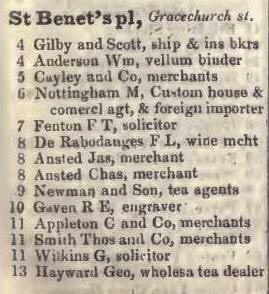 St Benets place, Gracechurch street 1842 Robsons street directory