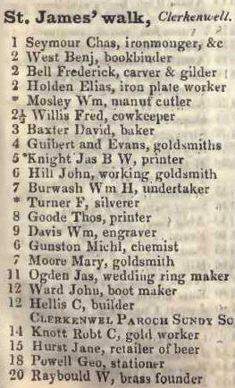 St James's Walk, Clerkenwell 1842 Robsons street directory