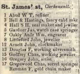 St James's street, Clerkenwell 1842 Robsons street directory