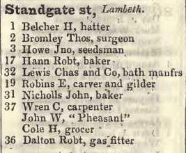 Standgate street, Lambeth 1842 Robsons street directory