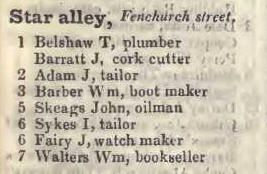 Star alley, Fenchurch street 1842 Robsons street directory