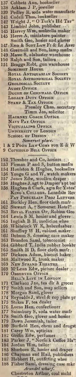 137 to Arundel wharf, Strand, South 1842 Robsons street directory
