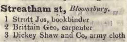 Streatham street, Bloomsbury 1842 Robsons street directory