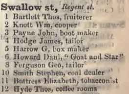 1 - 12 Swallow street, Regent street 1842 Robsons street directory