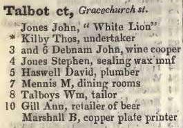 Talbot court, Gracechurch street 1842 Robsons street directory